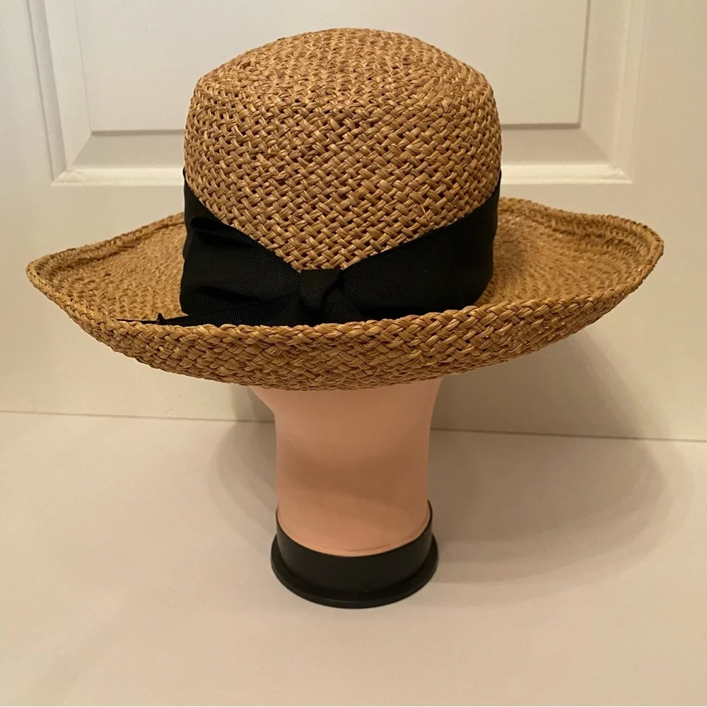 NEW YORK HAT & CAP CO HAT TAN STRAW BLACK GROSGRAIN RIBBON BOW WIDE BRIM USA